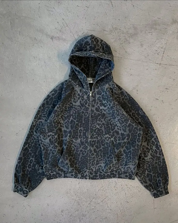 Mens Fashion Zip Up Hoodies - Retro Y2K Luipaardprint Hoodie met Rits
