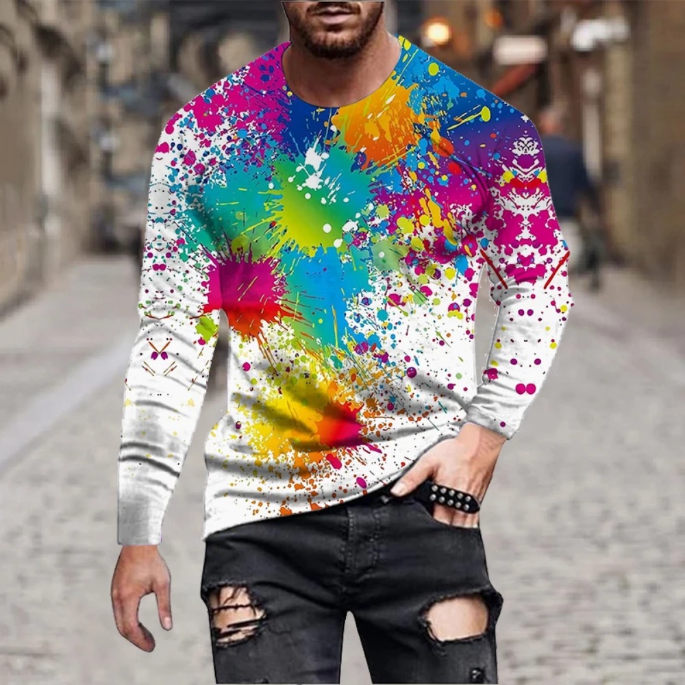 Men'S Fashion T Shirts - Heren T-shirt met regenboogverfspatten, 3D-print, lange