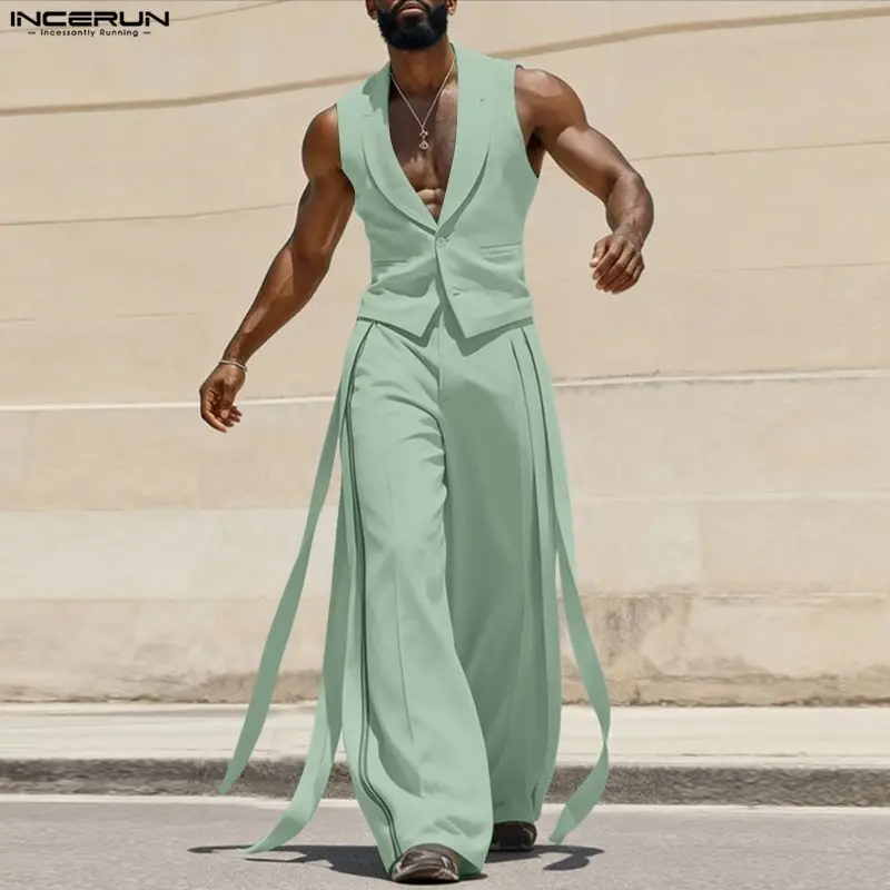 Mens Fashion Summer - INCERUN Herensets Effen Kleur V-hals Mouwloze