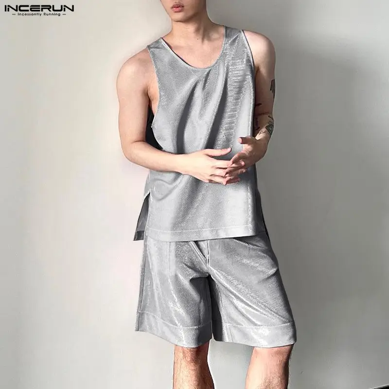 Mens Fashion Summer - INCERUN Heren Sets Glanzend Effen O-hals
