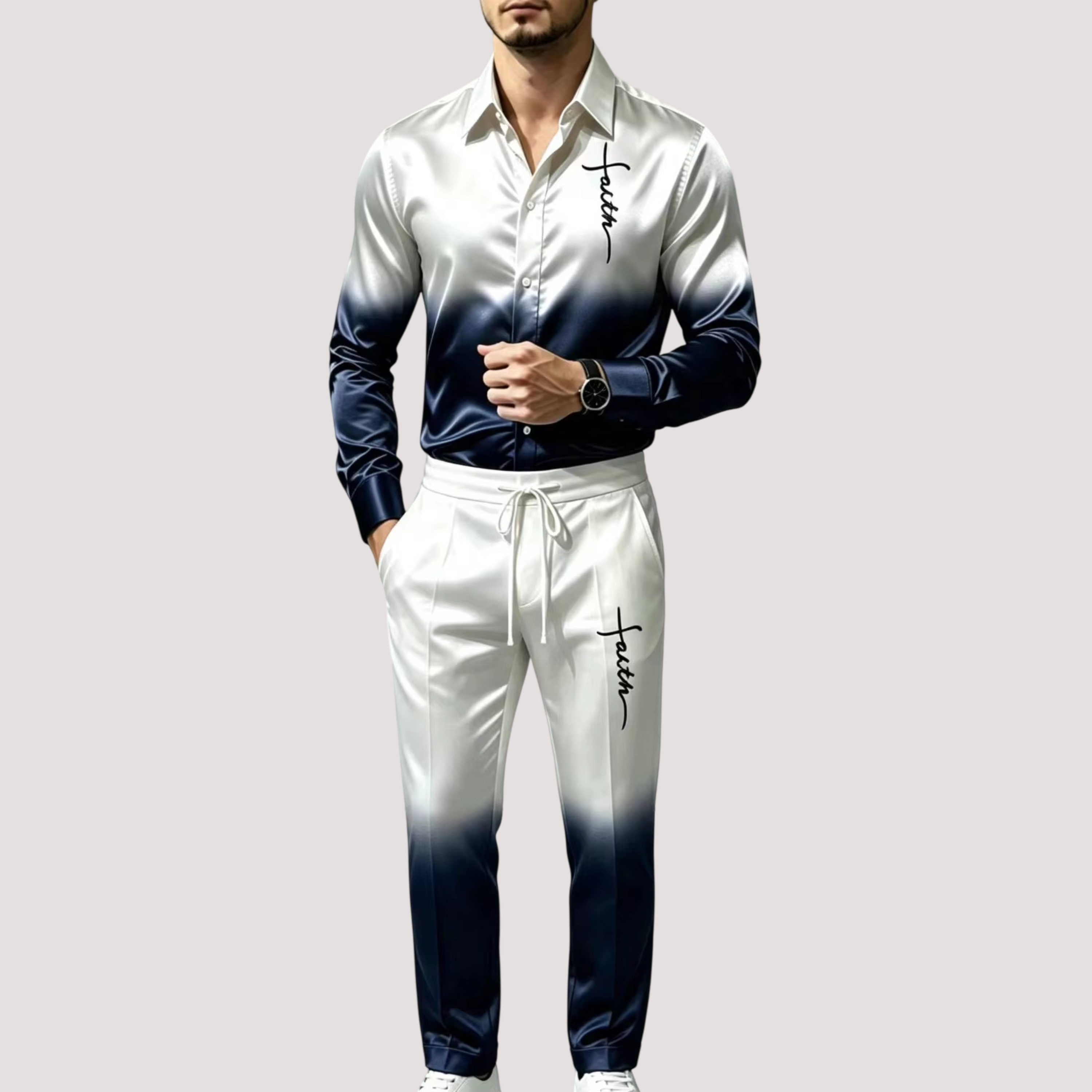 Mens Fashion Clothes - Herensportpak van satijnzijde, tweedelig, met verloopkleurige