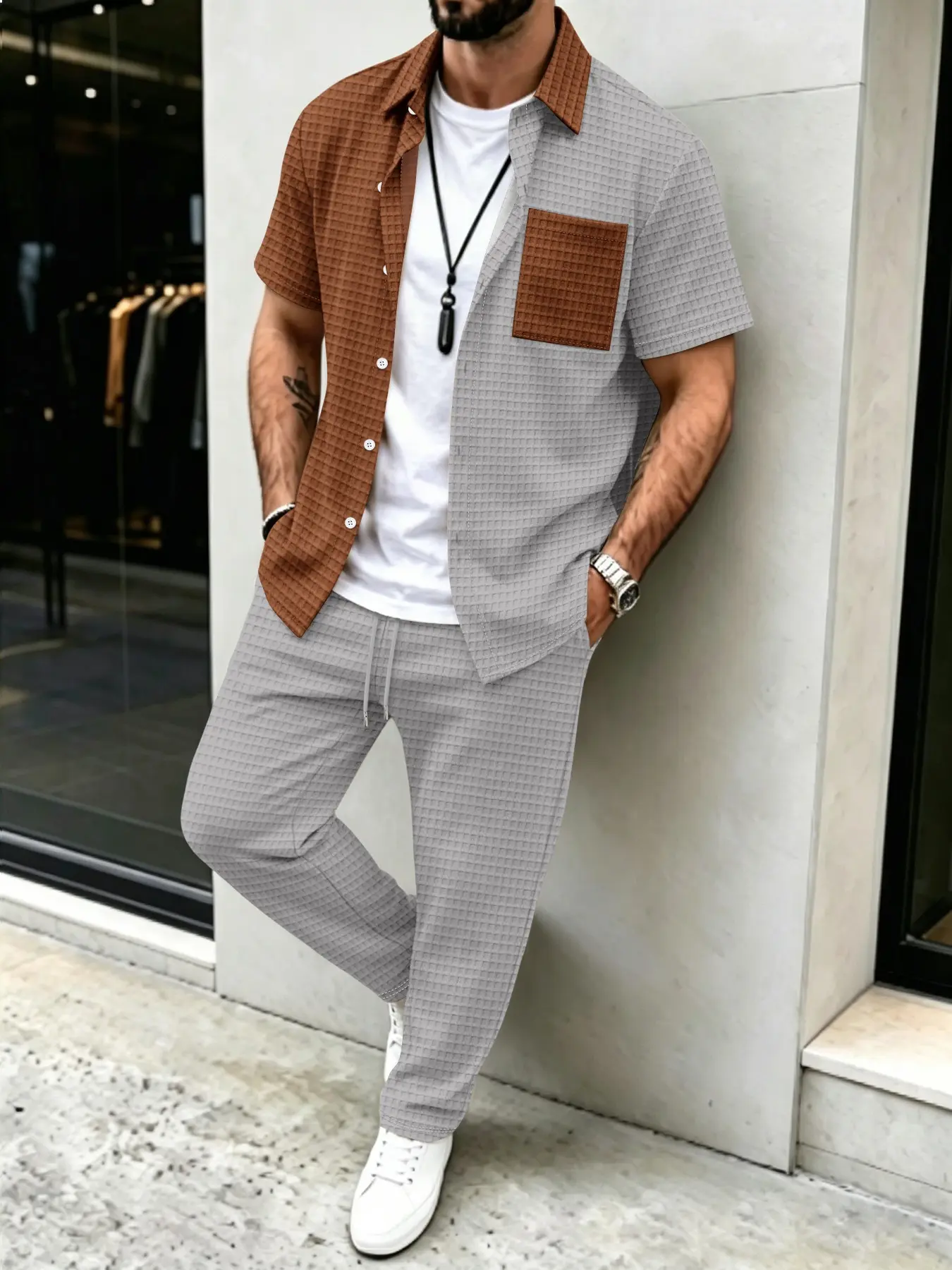 Heren casual set met effen waf - Mens Fashion Clothes recensie en prijs