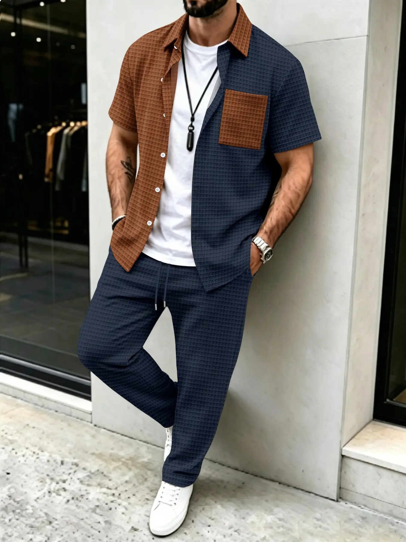 Heren casual set met effen waf - Mens Fashion Clothes recensie en prijs