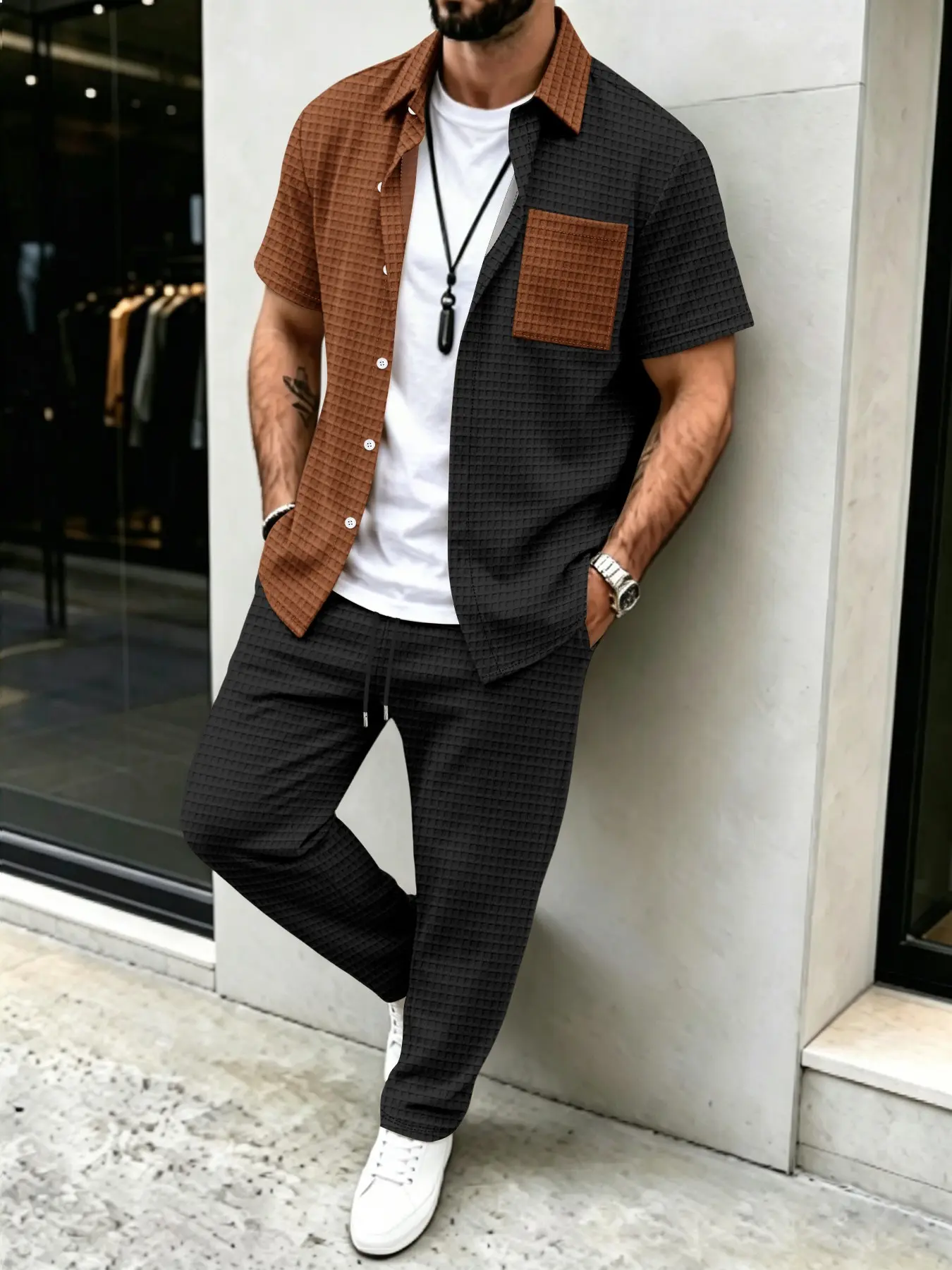 Heren casual set met effen waf - Mens Fashion Clothes recensie en prijs