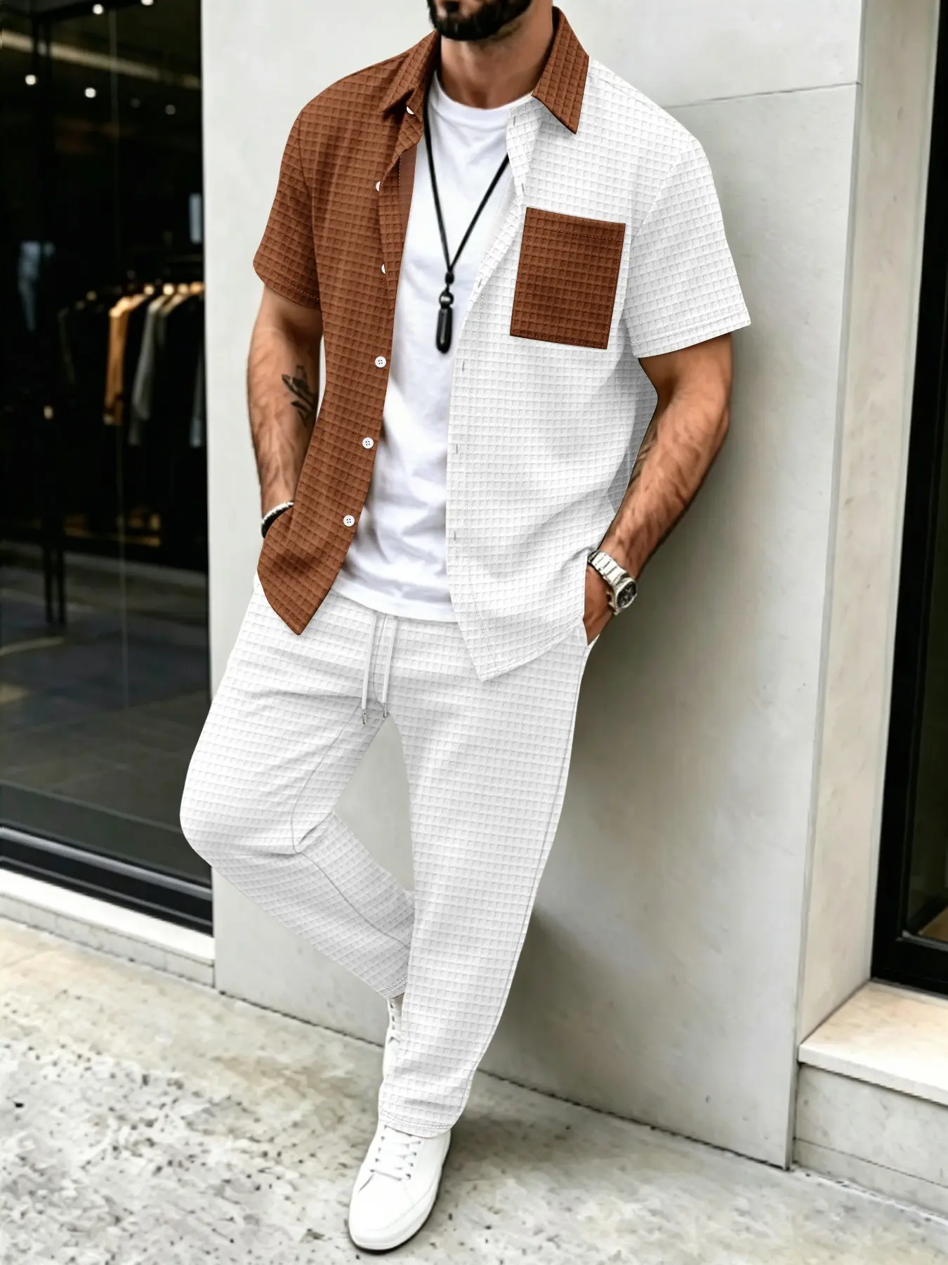 Heren casual set met effen waf - Mens Fashion Clothes recensie en prijs
