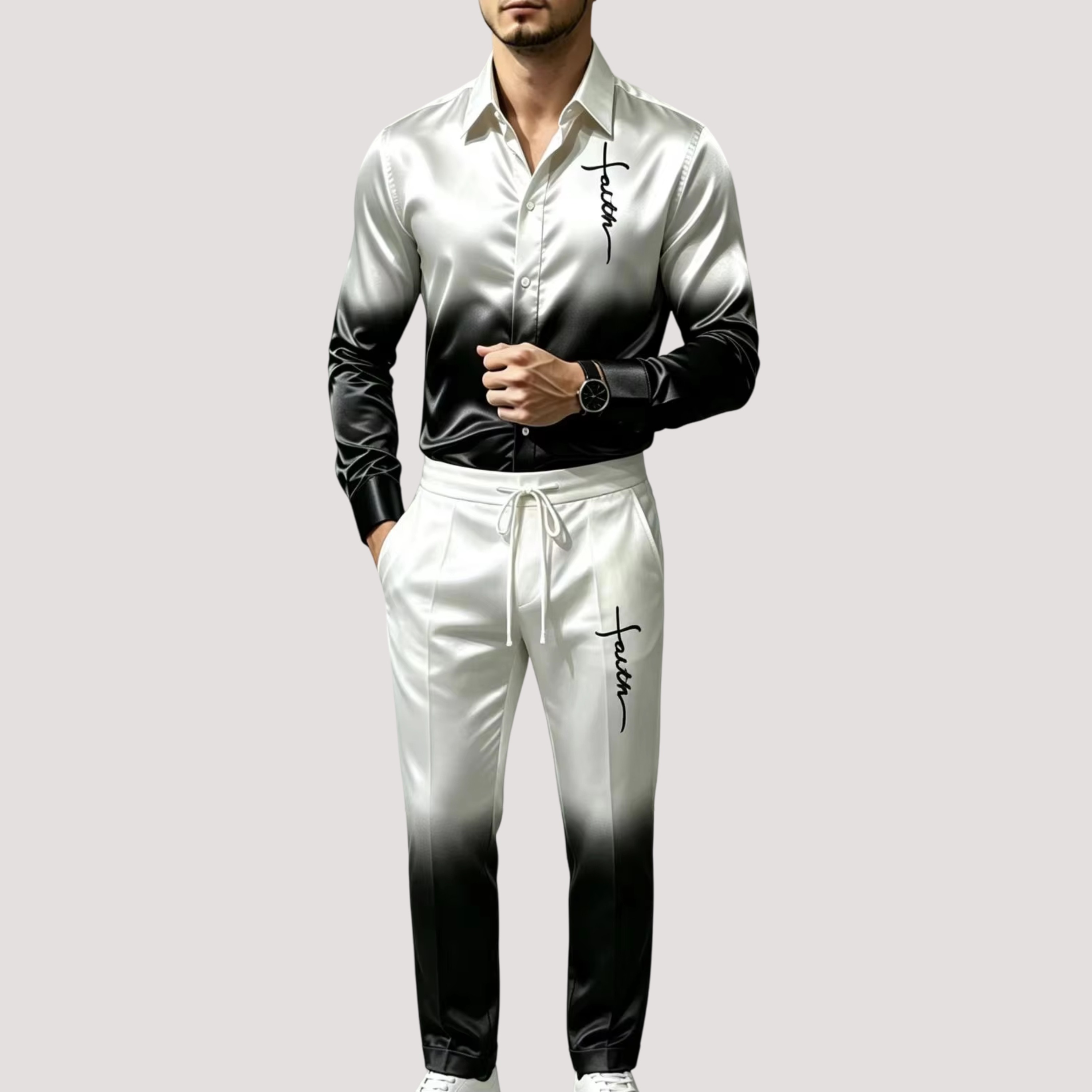 Herensportpak van satijnzijde, - Mens Fashion Clothes recensie en prijs