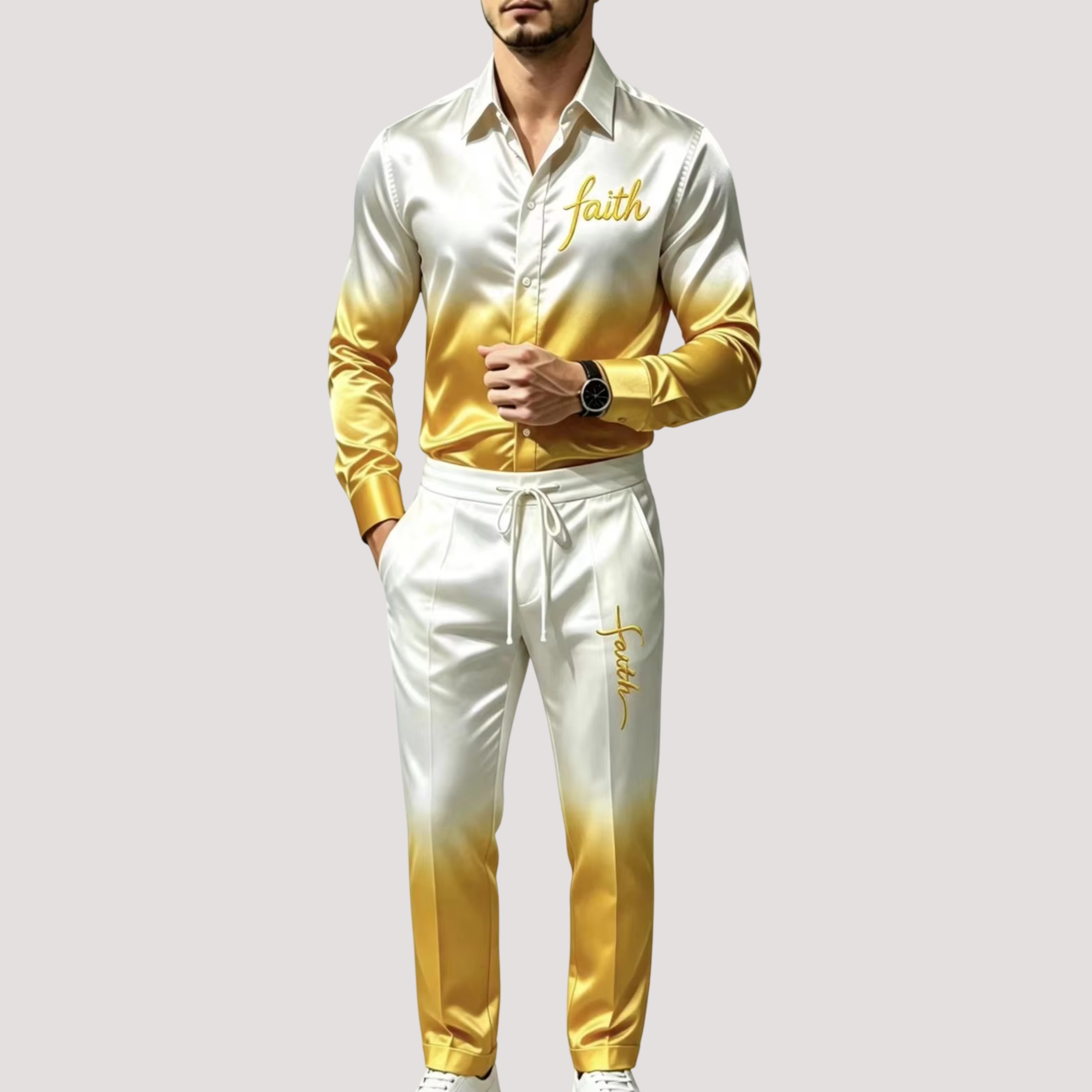 Herensportpak van satijnzijde, - Mens Fashion Clothes recensie en prijs